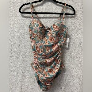 Shade & Shore Shirred Bandeau One Piece Swimsuit Multi Paisley NWT | size Small